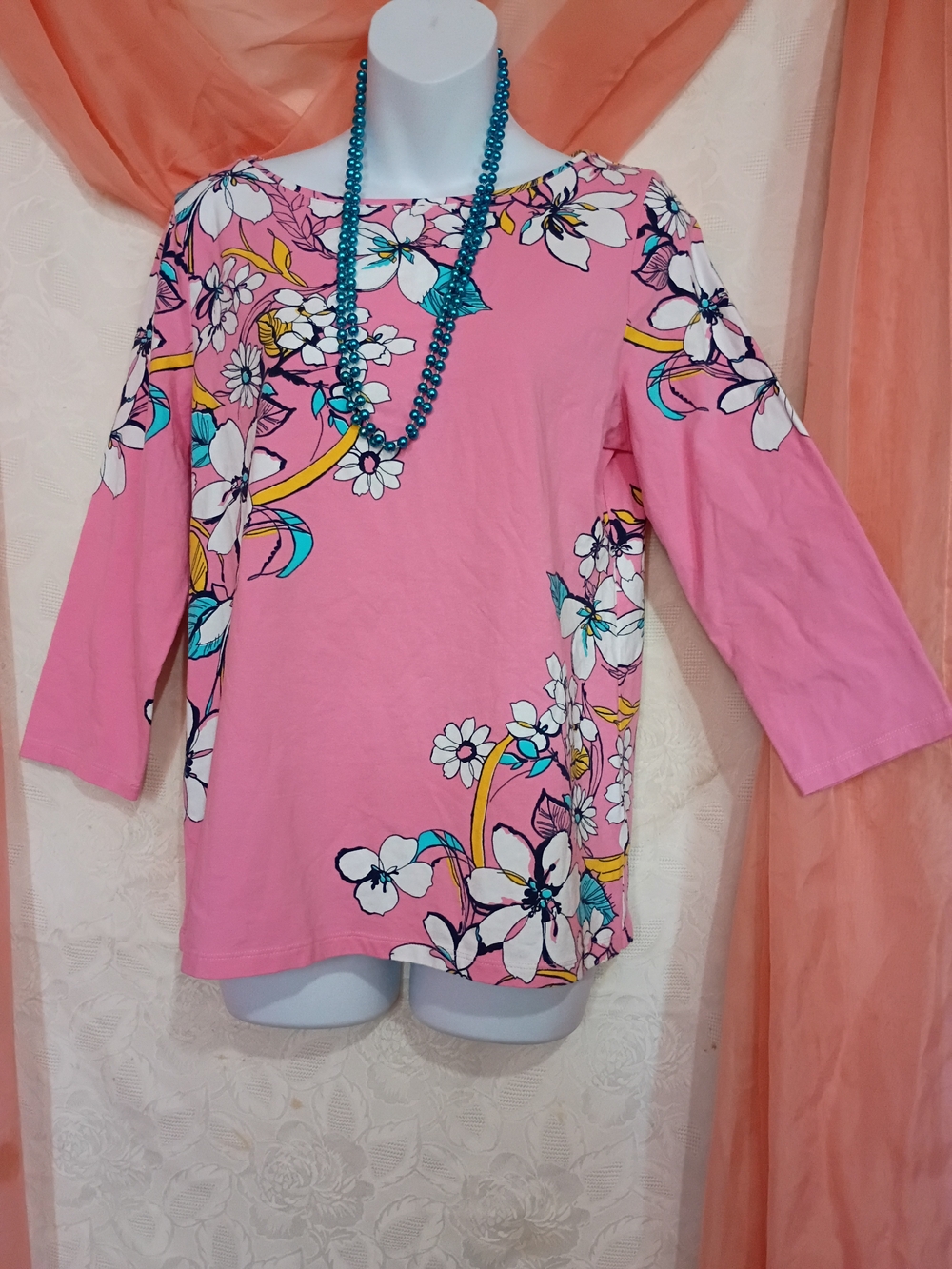 Talbots Ladies Pink Floral Boatneck Blouse Sz LP